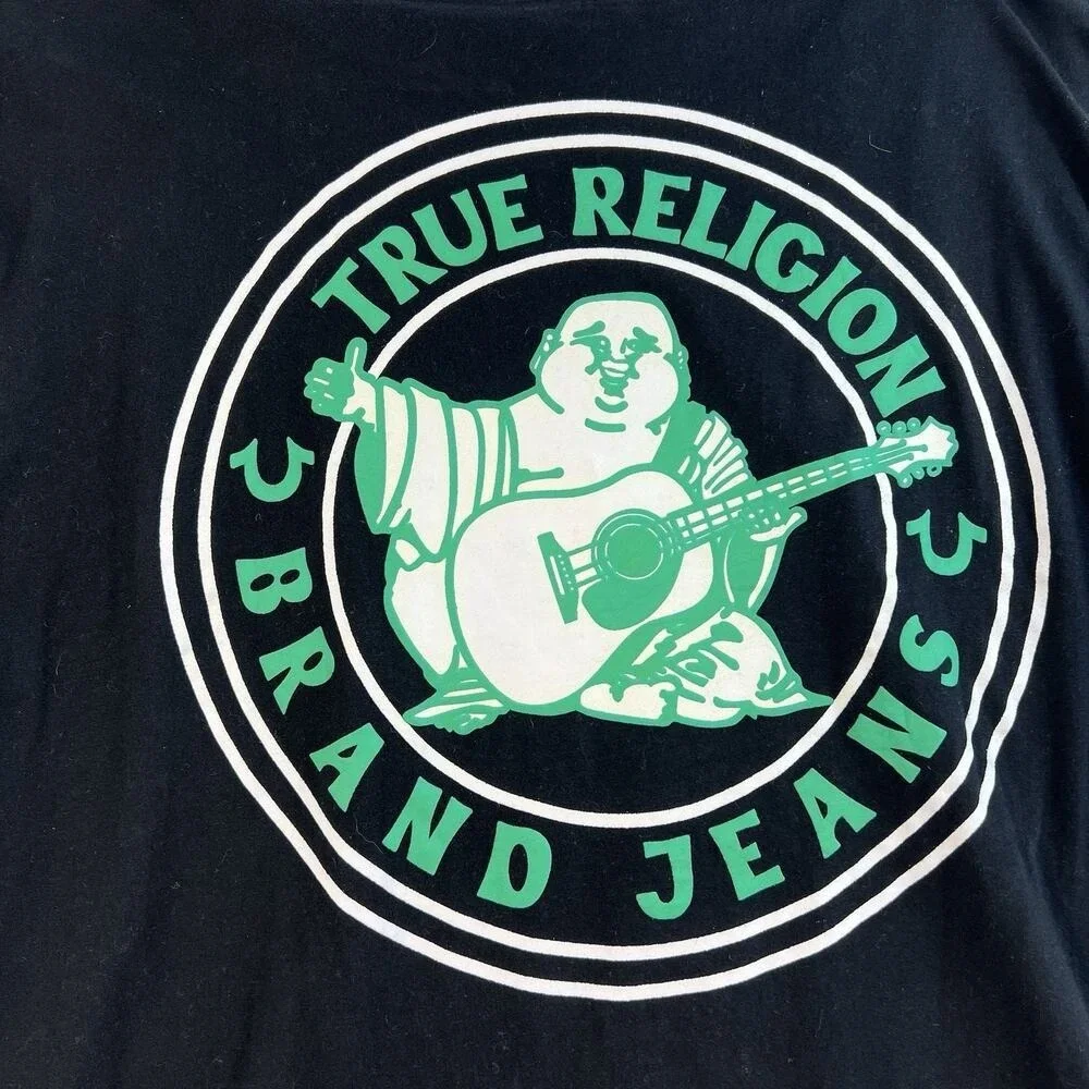 True Religion XL T-Shirt Buddha‎ Logo Graphic Seal Short Sleeve Tee Cotton Black